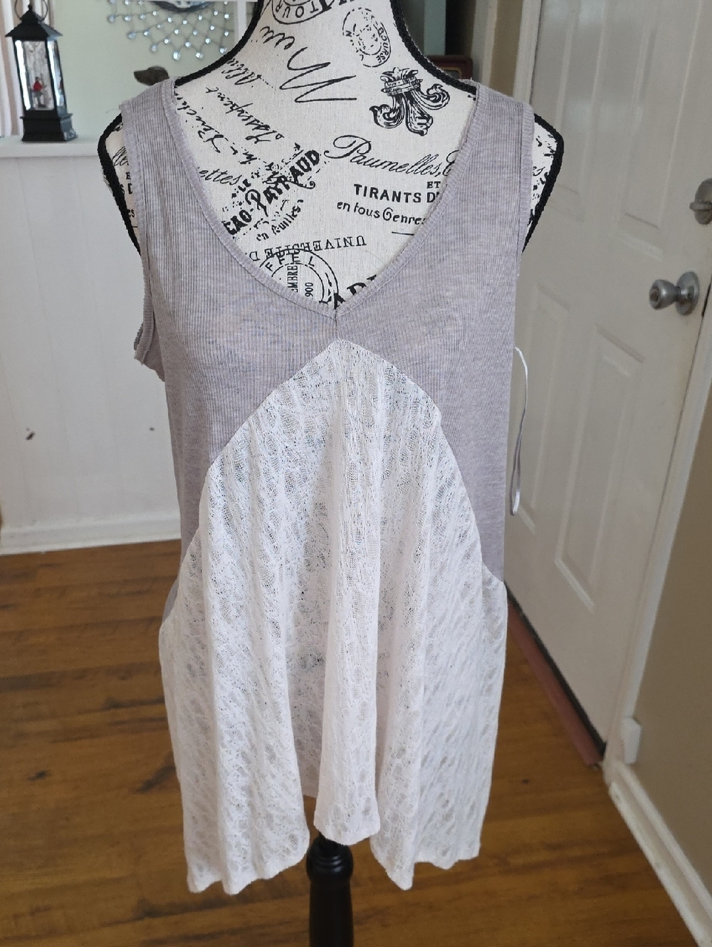 Mystree Gray Rib Knit Tank with White Lace Overlay